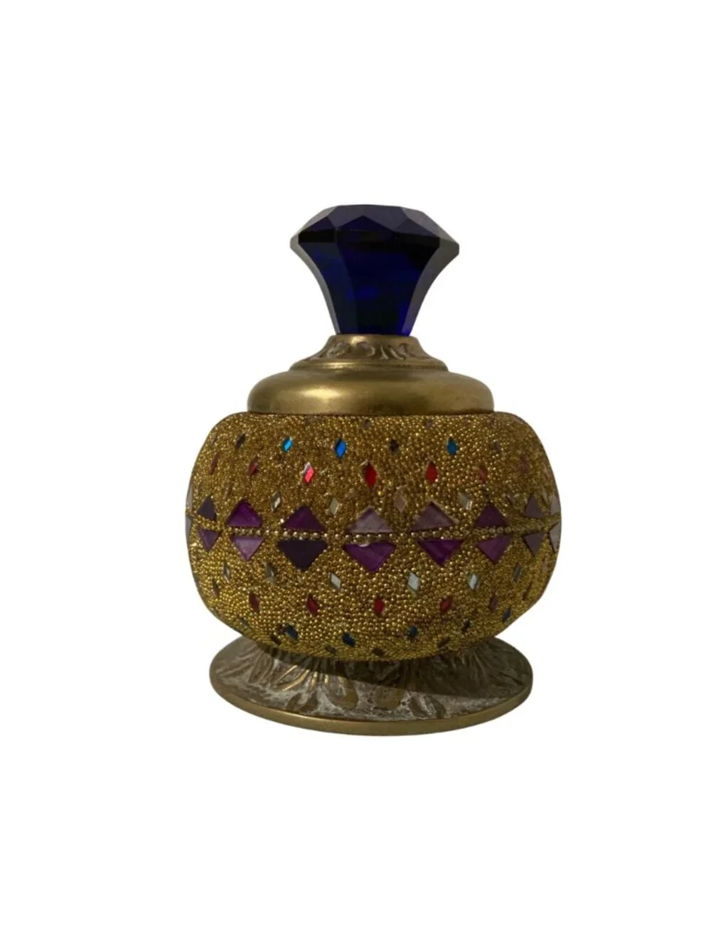 Vintage Gold And Jewel-Tone Mosaic Decorative Trinket Box With Blue Faceted Lid
